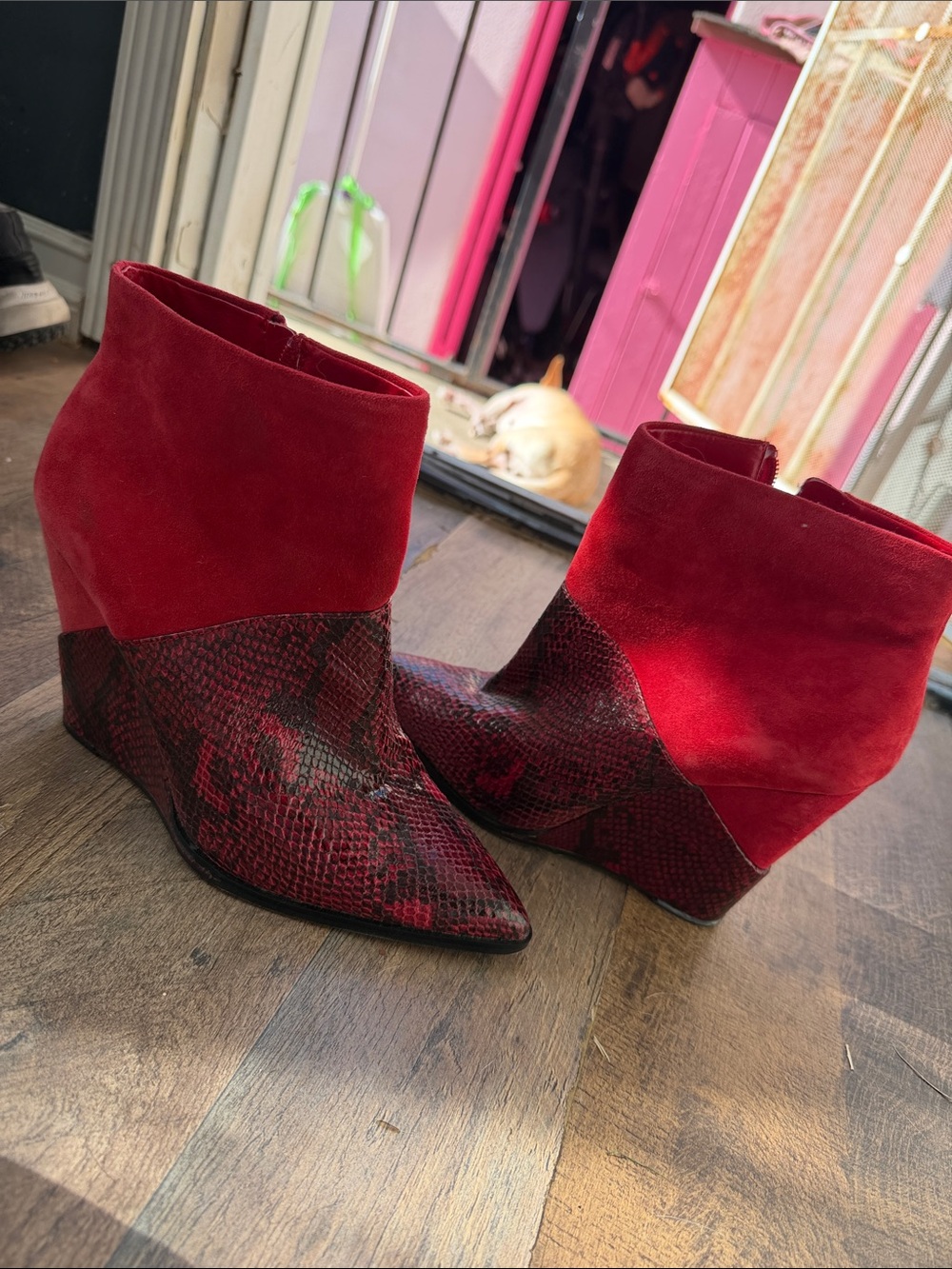 Jessica Simpson Red Suede & Snakeskin Wedge Booties